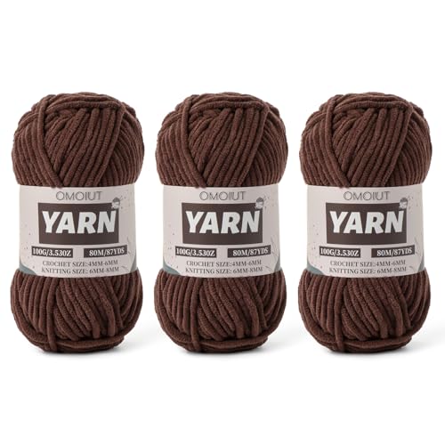 Image of Fluffy Chenille Yarn for Crocheting - Baby Yarn for Crocheting Soft Blanket - 3 Pack of 100g /(87.4yds) Crochet Amigurumi Chunky Yarns - Super Bulky 5 Velvet Yarns (3 Dark Coffee)