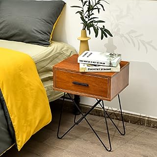 COSTWAY Industrial Bedside Table, Multifunctional Retro Nightstand End Table with Handled Drawer and Metal Leg, Home Office Living Room Bedroom Sofa Side Table (Brown)