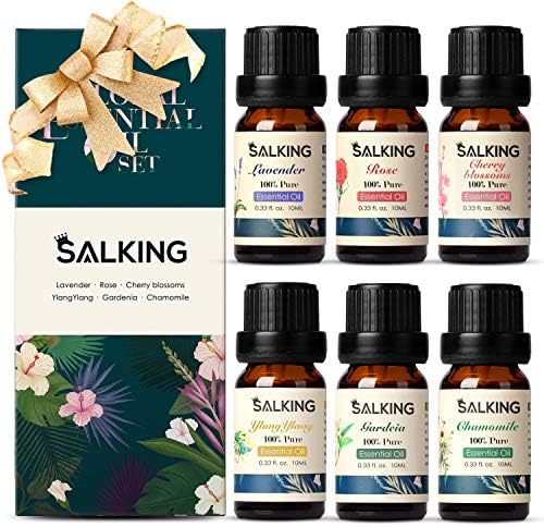 Essential Oils Gift Set, SALKING 100% Pure Aromatherapy Therapeutic Grade Scented Oils for Oil Diffusers,6 x 10 ml(Lavender, Rose, Cherry Blossom,Ylang Ylang,Gardenia,Chamomile)