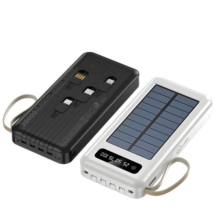 Power Bank Solar Carregador Portátil 20.000mah Com lanterna cabos 5 Em1 LED - Compatível com Iphone e outros celulares (Cor Aleatória Branco ou Preto)