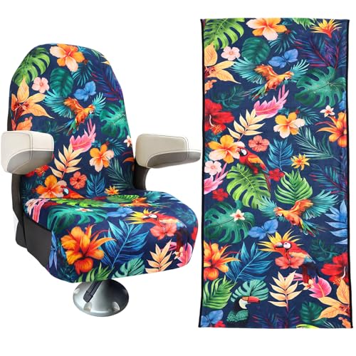 CrystalSylara Universal Boat Seat Covers Waterproof Sweat Back to Back Boat Seat Protector Hawaiian Tropical Parrot Flower Design for Fishing Deck Pontoon Car Seats and More