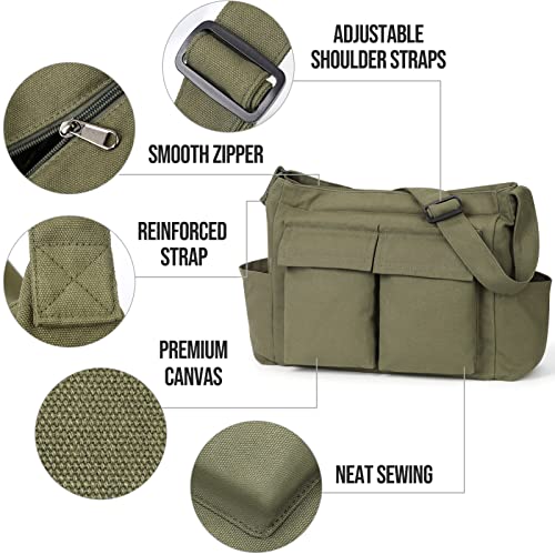 Canvas Messenger Bag Hobo Shoulder Bag Crossbody Bag With Multiple Pockets Large Tote Bag Handbag For Teen Girls Women Men (Army Green) #TOP1