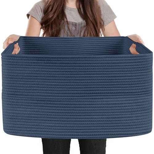 MEGASKET Extra Large Rectangle Storage Basket, 23.6" x 17" x 12" Dark Blue Blanket Storage for Living Room, Large Woven Cotton Rope Storage Box, Soft Kids Toy Basket Organizer Bin, Big Wicker Basket