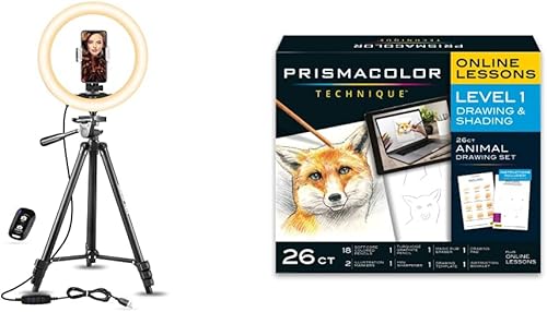 UBeesize Anillo de luz selfie de 10 pulgadas y técnica Prismacolor suministros de arte con lecciones de arte digital juego de dibujos de animales