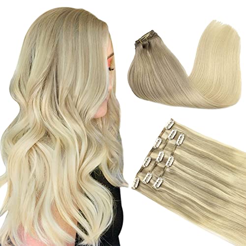 Image of DOORES Hair Extensions Clip in Human Hair, 3pcs 60g 14 Inch Balayage Ash Blonde to Golden Blonde and Platinum Blonde Remy Clip in Human Hair Extensions Natural Straight Hair Extensions