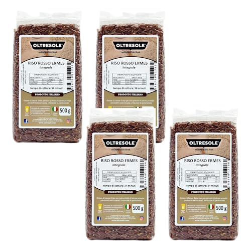 Oltresole - Riso Rosso Ermes Integrale Artigianale Italiano - riso non raffinato ad alta quantità di fibre, adatto per insalate di riso creative, confezione da 4 Pacchi da 500 g sottovuoto