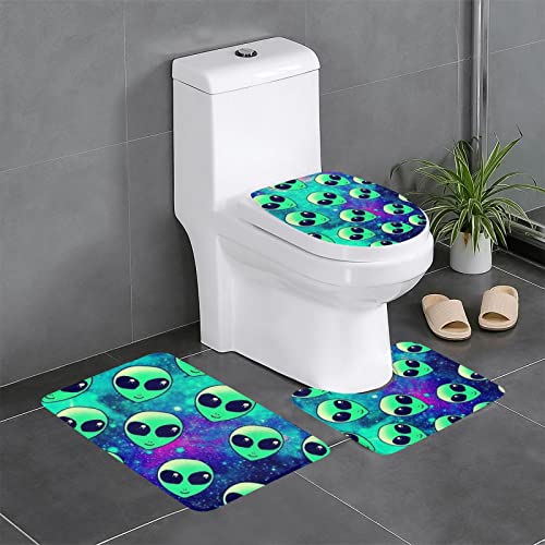 DEPILA Badezimmer 3-teiliges Badezimmerteppich-Set Grüner Alien-Druck 3-teiliges Badezimmerteppich-Set Badematte + Kontur + Toilettendeckelbezug Badezimmer-Antirutsch-Pad Sets