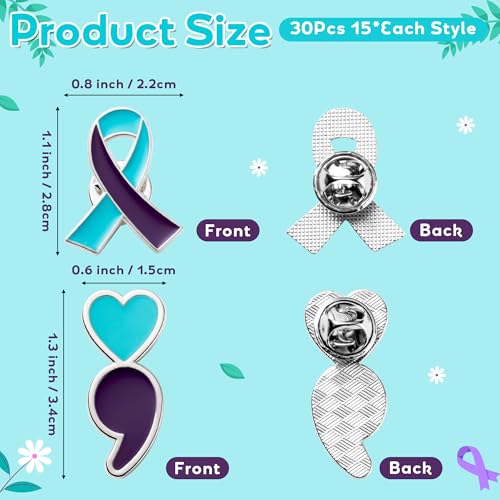 30Pcs Suicide Prevention Awareness Ribbon Pin, Semicolon Mental Health Suicide Prevention Awareness Lapel Pins, Suicide Awareness Bulk Metal Purple and Teal Ribbon Pin Souvenir Series Gifts2