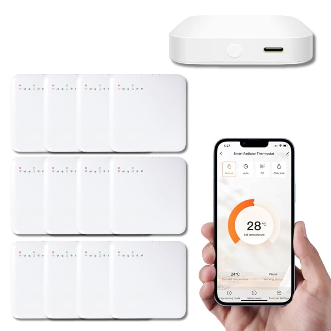Valvola Termostatica Intelligente Connessa LUMARK – Controllo della Temperatura tramite App Tuya, Programmazione, Rilevamento Finestra Aperta – Compatibile con Assistenti Vocali (12, con Gateway)