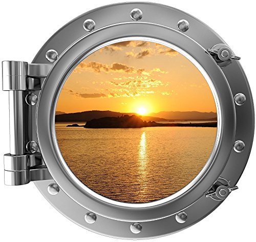 12" Port Scape Instant Sea 3D Window View Ocean Islands #1 Sunset Silver Porthole Wall Sticker Removable Fabric Vinyl Wall Art Home Decor