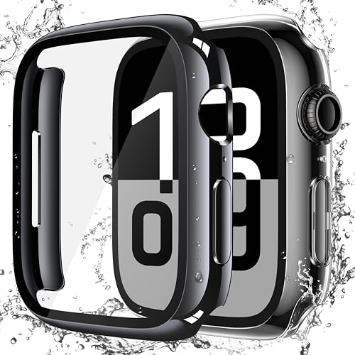 Misxi [2 Pack] Waterproof Hard Case with Tempered Glass Compatible with Apple Watch Series 11 (2025) Series 10 46mm, Overall Protective Cover for iWatch Screen Protector, 1 Jet Black + 1 Transparent