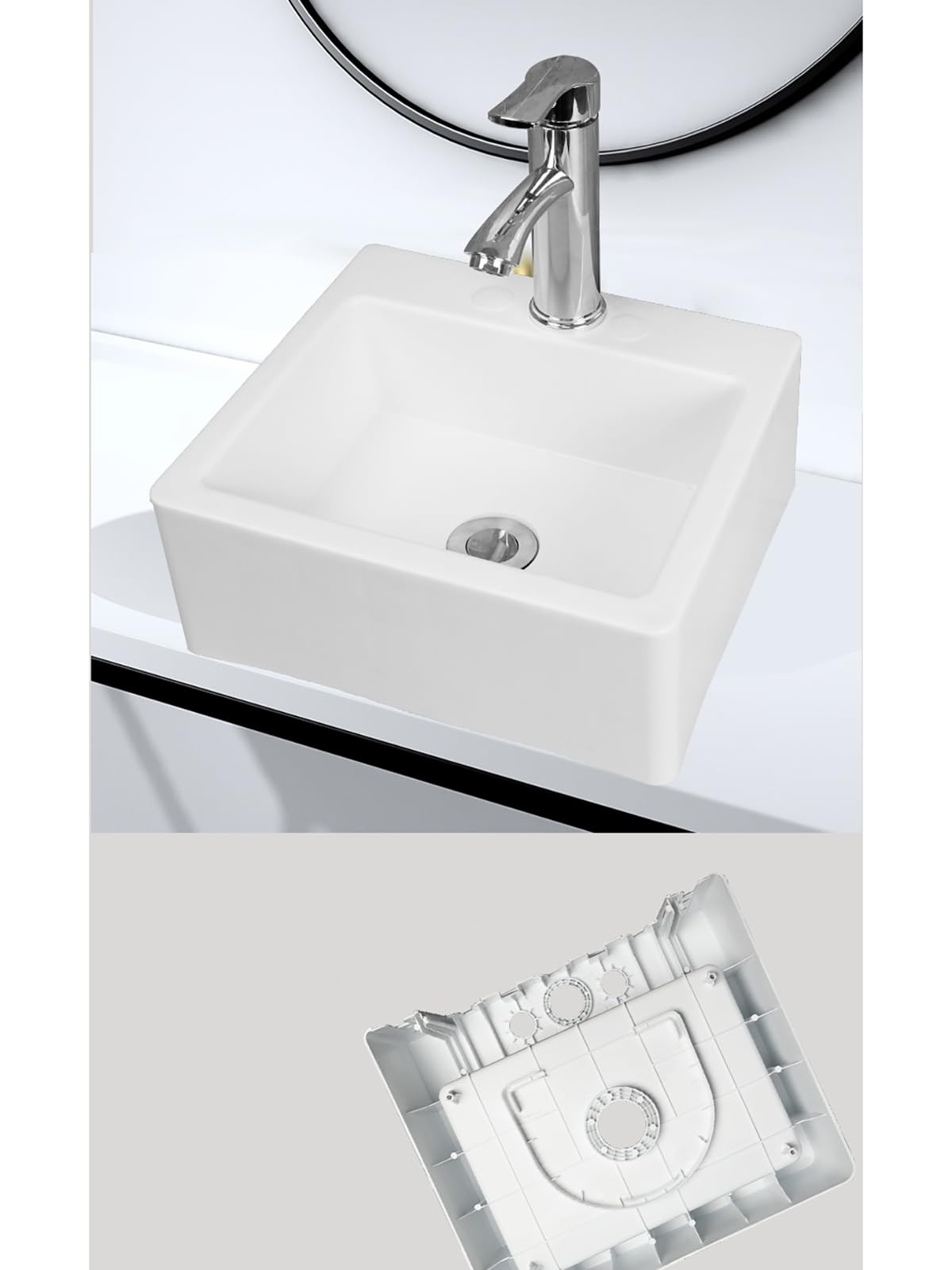 Bianco Lavello Quadrata, 33.5x29x13cm/13x11.4x5inch Lavatoio Lavapanni Monoblocco in Resina PP, Lavello Angolare da Bagno per Lavanderia Garage Bagno Guardaroba WC 75cm Conduttura Fognaria