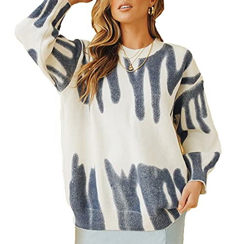 Women Tie Dye Oversized Knit Pullover Sweater Crewneck Long Sleeve Loose Sweatshirt Y2K E-Girls 90s Knitwear Jumper Top