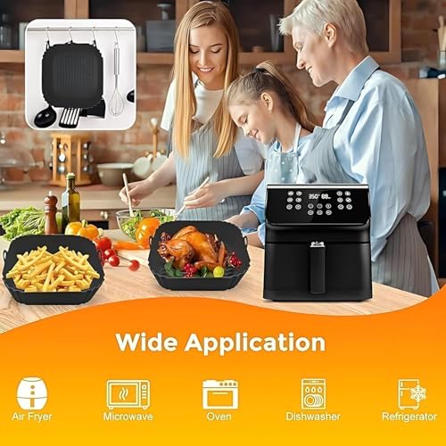 Image of E-COSMOS Square Silicone Air Fryer Liners (Set of 2), 8-Inch Reusable Nonstick Baking Trays with Handles,Heat Resistant Air Fryer Oven Accessories, Multicolor