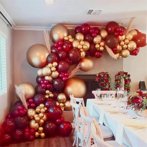 Image of PartyWoo Red and Gold Balloons, 140 pcs Ruby Red and Gold Balloons Different Sizes Pack of 18 Inch 12 Inch 10 Inch 5 Inch for Balloon Garland or Balloon Arch as Birthday Decorations, Party Decorations