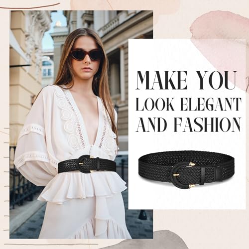 Suhine 3 Pcs Women Wide Braided Rattan Belt Straw Woven Elastic Stretch Waist Boho Belts for Dress Jeans Pants Adjustable3