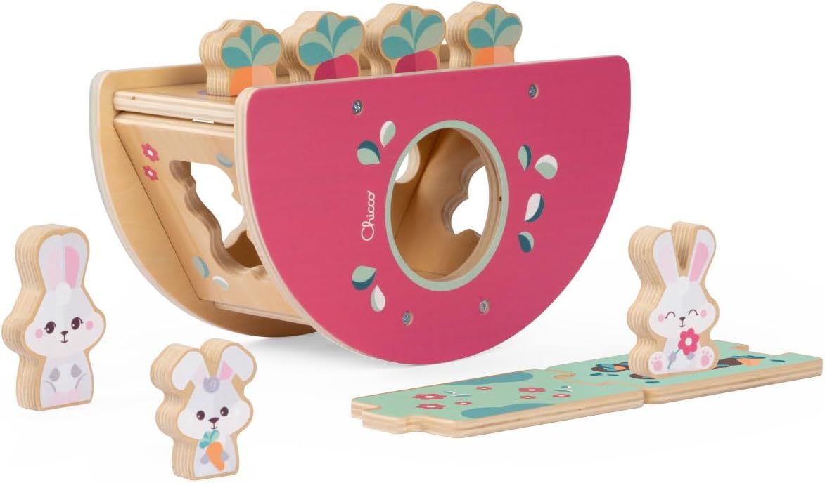 Chicco Wooden Game, Bunny Hill, Montessori Game, Shape and Balance Games, Plant Your Own Vegetable Garden, 3 Exclusive Characters, Games for Girls, for Babies 2+ Years, Gift Idea