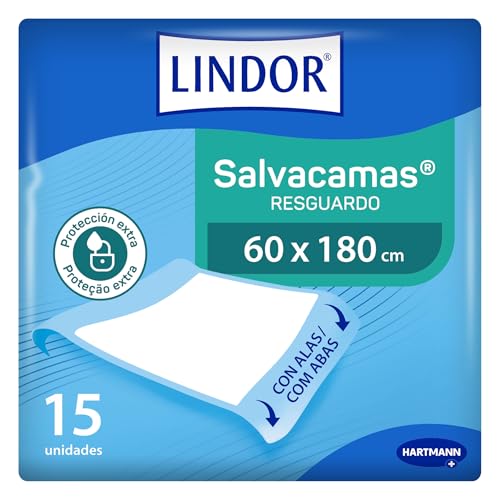 LINDOR, Empapadores de Cama 180x60 con Alas, Salvacamas para Adultos, Protector de Camas, Sillas y Sillones, Desechables, Alta Absorción y Fragancia a Jazmín, 15 Unidades