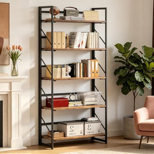 Image of JSB No Assembly Folding Bookshelf, 5 Tier Industrial Metal Book Shelf for Storage, Vintage Wood Foldable Bookcase for Living Room, Bedroom, Office Organization Shelves