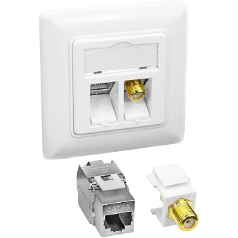ProfiPatch Keystone Network Socket LAN Socket Cat6A 500MHz Flush-Mounted 1x RJ45 Port Connection + 1x F-Connector POE CAT7 CAT6A CAT6 CAT5 Shielded White