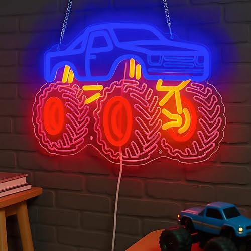 Zontruxe Monster Truck Neon Sign for Boys Room, Playroom Wall Decor, Trendy Teen Room Decorations, Party and Birthday Gift Idea, Night Light with USB Powered Dimmable Switch, 15 x 10.5 in