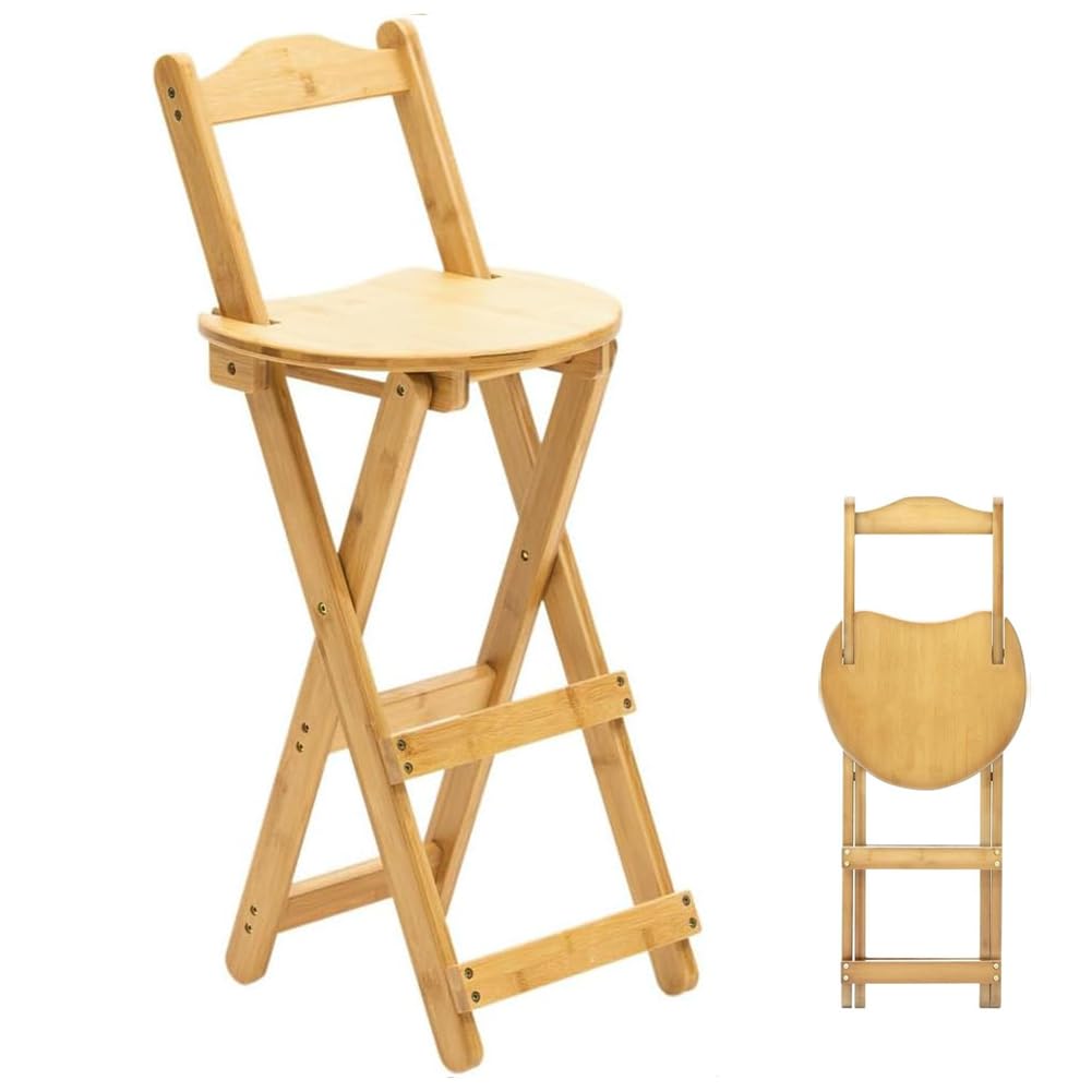 Folding Bar Stool Bamboo Kitchen Counter Height Stools with Backrest and Footrest, Portable Bar Chairs Dining Chairs for Home Kitchen Island Breakfast, No Assembly, Natural