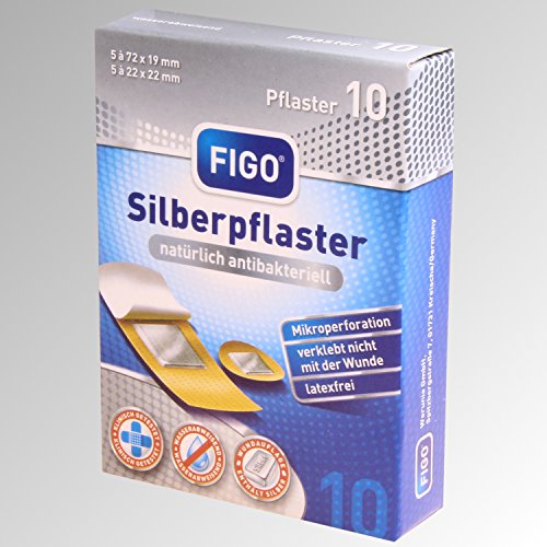 Figo 10 tiritas plateadas, 2 tamaños, sin látex, antibacterianas