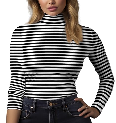 Women's Turtleneck Long Sleeve Top, Striped High Neck Shirt Baselayer Ribbed Stripes Slim Fitted Tee Stretchy2