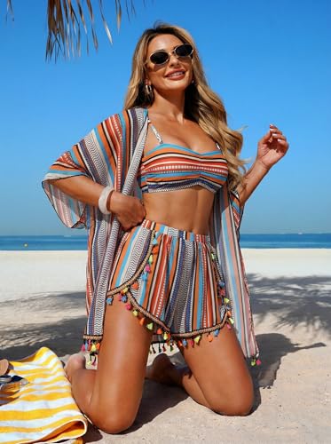 Image of ZAFUL Women 4pcs Ruched Striped Bikini Set High Cut Swimsuit with Sheer Fringed Cover Up Side Slit Shorts
