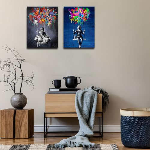 Wyahjkwt Framed Banksy Street Graffiti Wall Art Decor Large Abstract Pictures Canvas Painting Prints Colorful Modern Contemporary Poster Artwork Stretched For Wall Home Bathroom Bedroom Living Room Ready Hang thumb #3