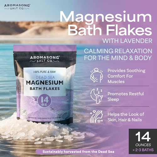 Aromasong RAW Magnesium Bath Flakes with 100% Natural Lavender, 14 Oz. Muscle Relaxing Organic Salts Mg Chloride, Mineral Soak Salt.