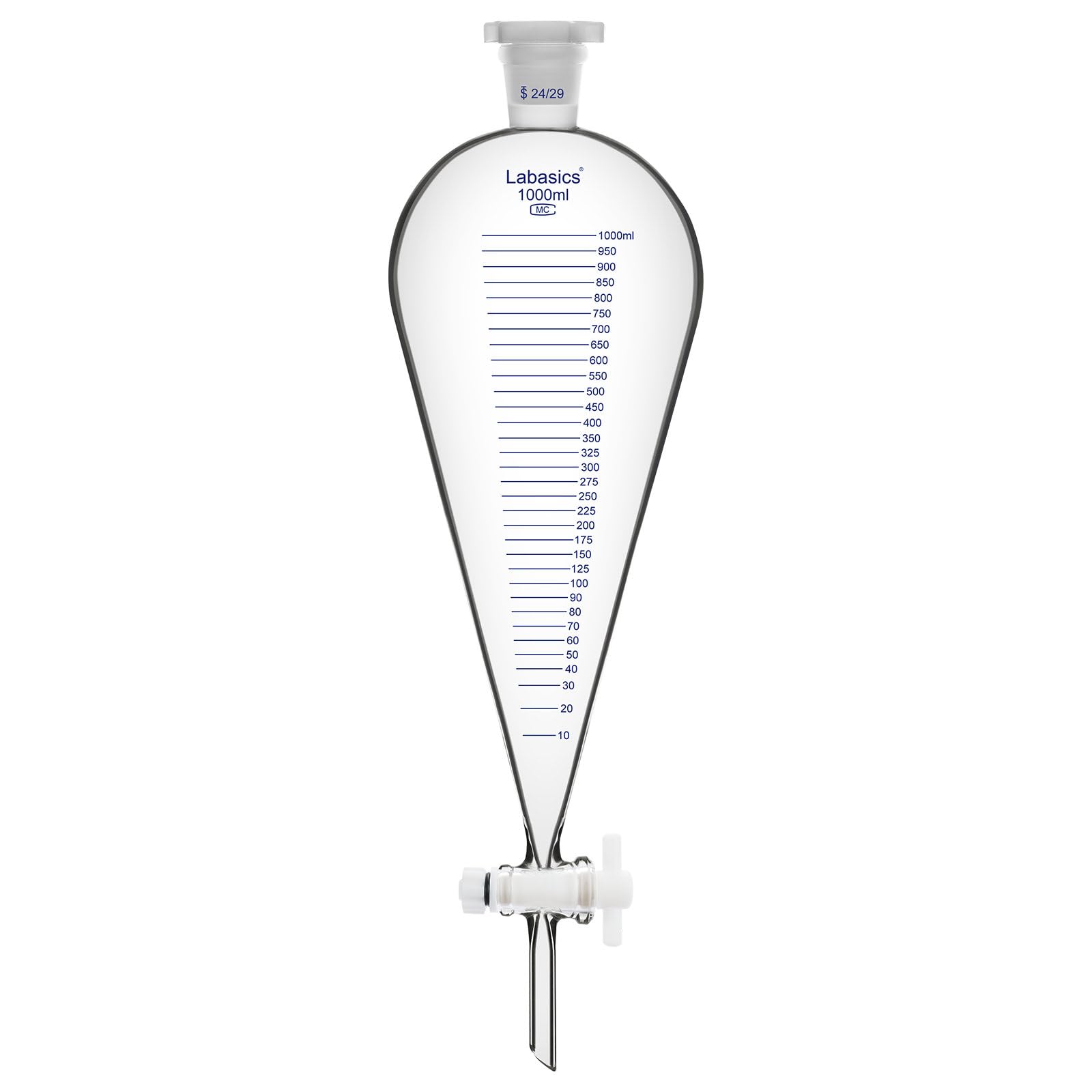 Labasics Graduierte Trenntrichter, 1000 ml Schwerwandiger Borosilikatglas-Trenntrichter mit 24/29 Anschluss und PTFE-Stopfen