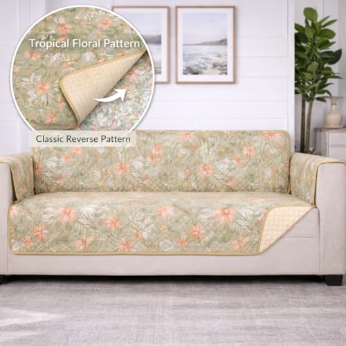 Image of STITCHNEST 'Double Vie Collection Series' Cotton Quilted Reversible Sofa Cover 3 Seater with Arm Rest and Pocket | Size 70x60 Inch