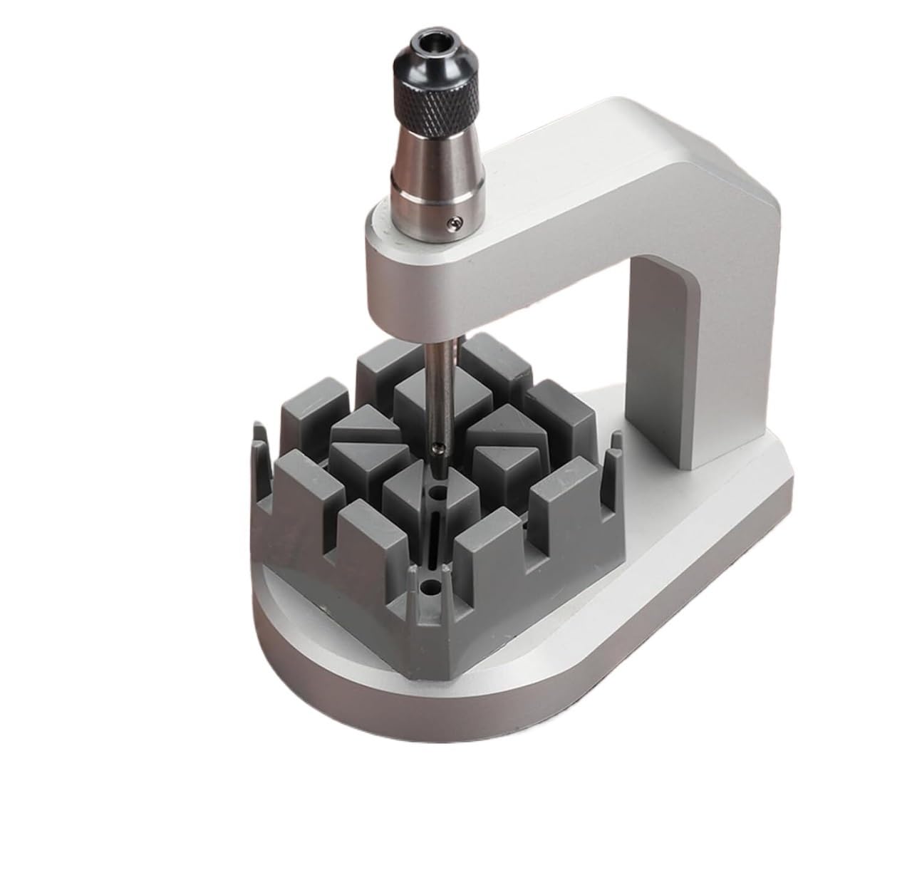 Estrattore Perni Cinturino in Alluminio con Base e 3 Accessori | Kit compatto da 10 × 6,8 × 11,5 cm con supporto fisso e tre accessori per regolare bracciali con perni compatibili.