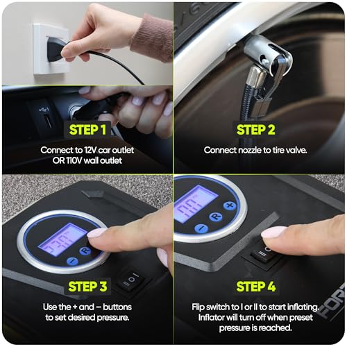 FORTEM Car Tyre Inflator 150 PSI, Air Compressor, 230V AC 12V DC Electric Air Pump for Car Tires, Digital Tire Pump w/Auto Pump/Shut Off, Carrying Case - Image 7