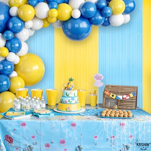 Image of Katchon, Light Blue and Yellow Fringe Backdrop - Feet, Pack of 2 | Blue and Yellow Birthday Decorations, Easter Backdrop Curtain | Sponge Party Decorations, Baby Shower Decorations for Home