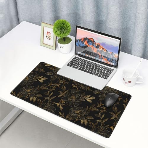 Image of Black and Gold Flowers Extended Gaming Mouse Pad, with Stitched Edges Large Mouse Pad Desk Protector, Rubber Base Mousepad Keyboard Mouses Mat for Work Game Office Home- 32 inch X 12 inch Inch,E143