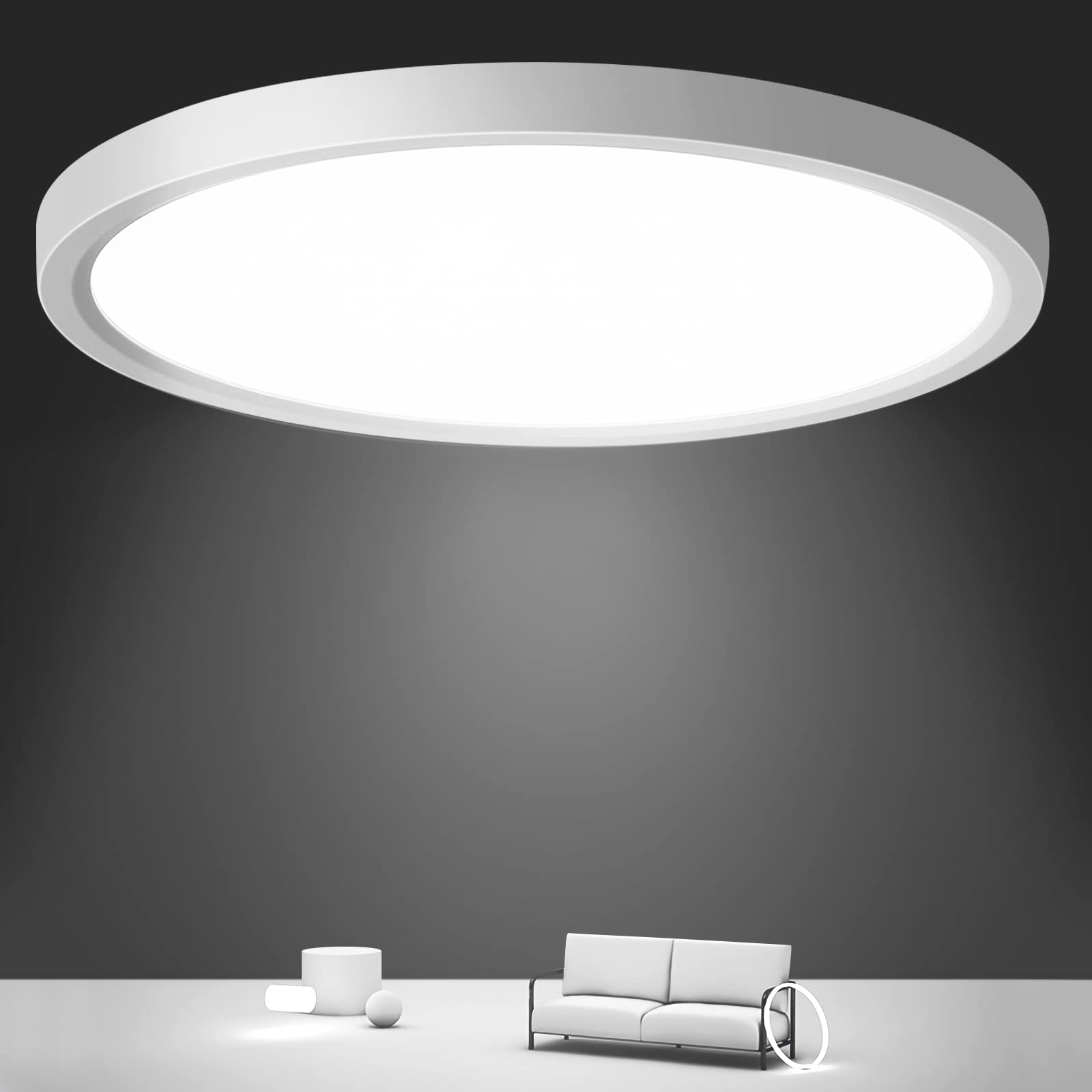 Oraymin Flat Round LED Ceiling Light, 24W IP44 Waterproof Bathroom Light, 3000K, White 18w With Twilight Sensor, 1 Pièces