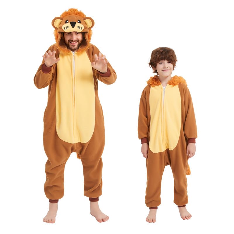 Udekit Pyjama mit Schwanz, Löwen Schlafoverall Strampler Onesie Schlafanzüge Robe Nachtwäsche Cosplay Kostüm für Erwachsene Halloween Karneval...