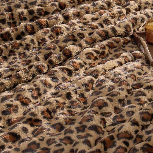 Image of EMME Fluffly Faux Rabbit Fur Bubble Comforter Set Queen, Leopard Print