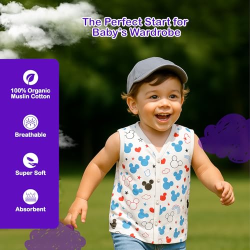 Image of Kidbea Newborn Baby Jhabla Muslin Cotton Clothes for Boys & Girls | Soft Breathable, Cute Printed Sleeveless Baby Wear with Button Closure