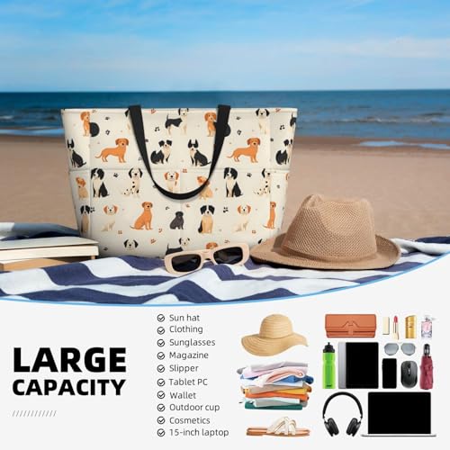 Large Beach Bags for Women Sandproof - Dog Cute Paw Print Summer Work Travel Tote Bags with Zipper4