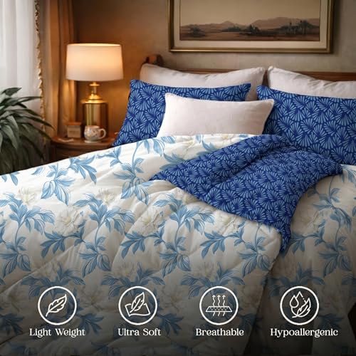 Image of Utopia Bedding Microfiber AC Comforter for King Size 220x240 cm - Lightweight, Skin-Safe & Hotel-Style Quilted Blanket with Floral Print Blue