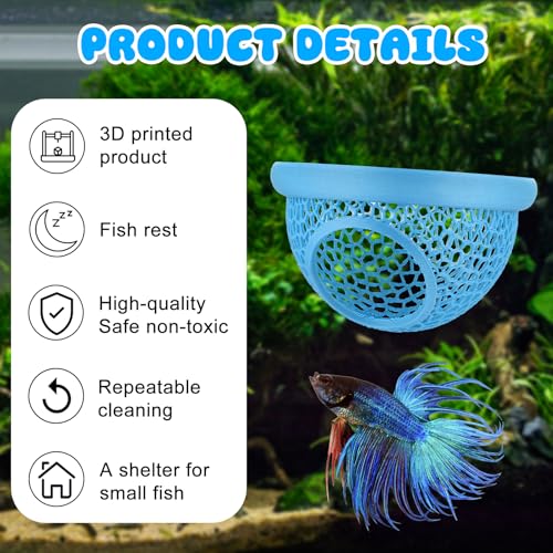 Image of Blue Floating Betta Hide & Shrimp Cave: 3-in-1 Aquarium Hammock, Feeder & Resting Spot for Betta Fish, Shrimp & Small Fish | Eco-Safe PLA