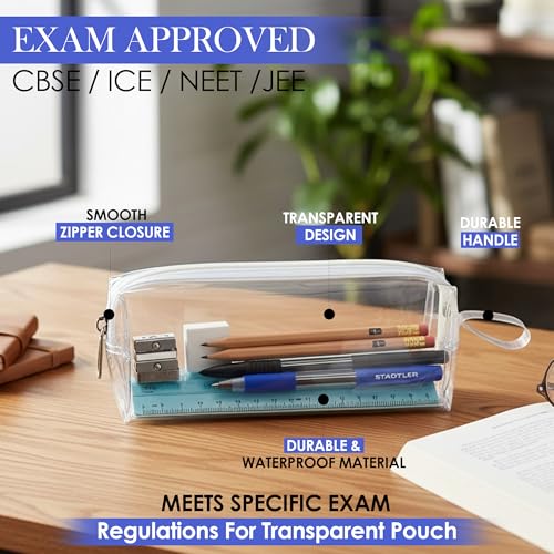 Image of GLUN Transparent Rectangular Stationery Pouch with Zipper, Clear Boxy Storage Case, Multi-Purpose Cosmetic & Utility Organizer for School, College & Office
