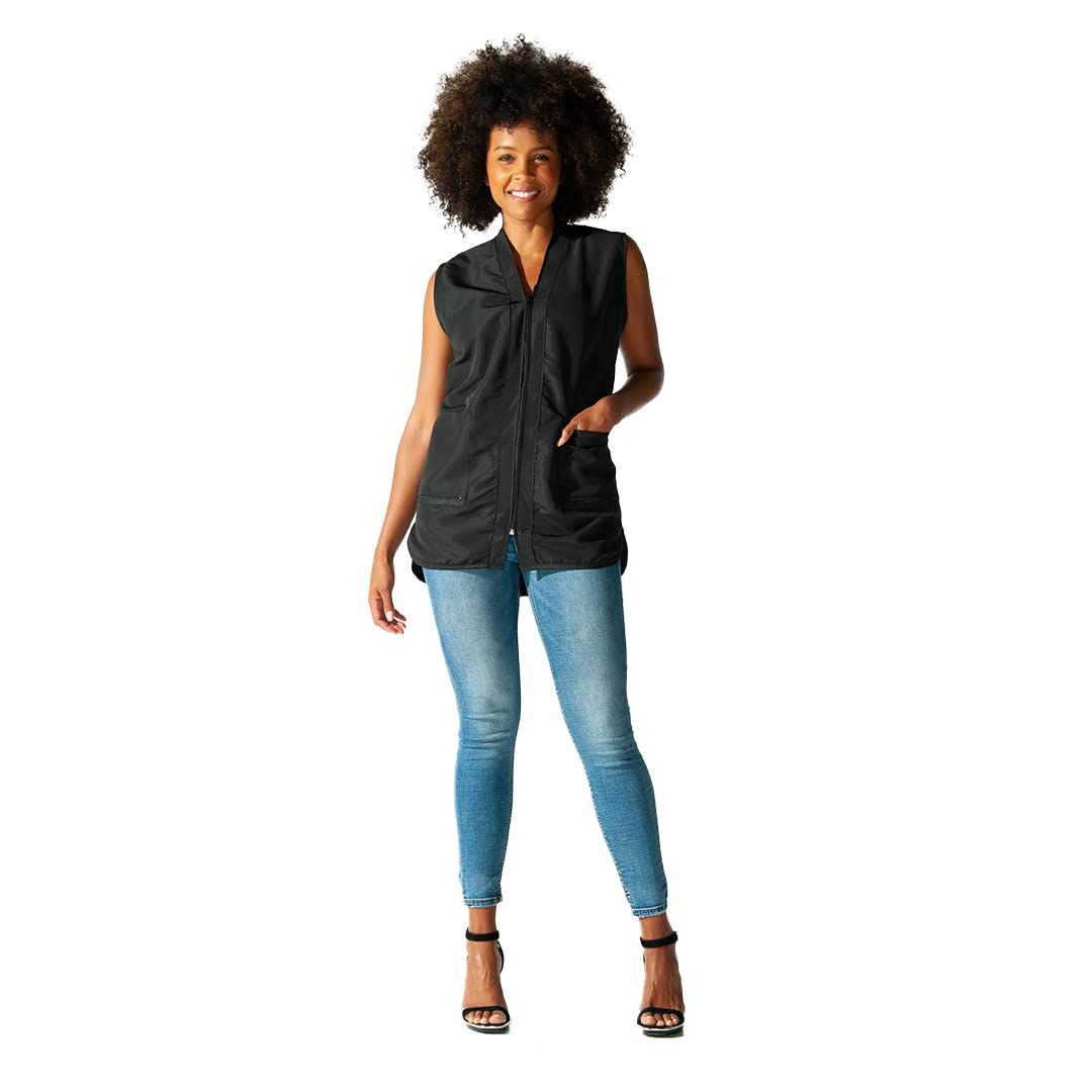 Betty Dain Professional Zip Front Salon Stylist Vest, V-Neck, Iridescent Fabric, Adjustable Belt, Two Lower Pockets with Zippered Bottoms, Lightweight, Machine Washable Nylon, Black, L Betty Dain Professional Zip Front Salon Stylist Vest, V-Neck, Iridescent Fabric, Adjustable Belt, Two Lower Pockets with Zippered Bottoms, Lightweight, Machine Washable Nylon, Black, L