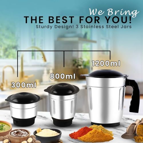 Image of Warmex Mixer Grinder 500 Watt | Multipurpose 3 Stainless Steel Jars | 300ml + 800ml + 1200ml | 3 speed settings heavy duty motor for perfect grinding & blending | 2 Year Warranty by Warmex