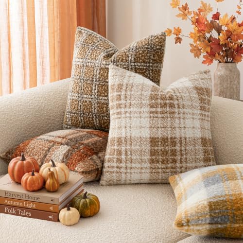 Image of Foindtower Pack of 2 Soft Faux Fur Boucle Throw Decorative Pillow Covers Fuzzy Accent Check Cushion Sherpa Boho Farmhouse Pillowcase for Couch Sofa Bed Living Room Home Decor 18x18 Inch,Light Brown