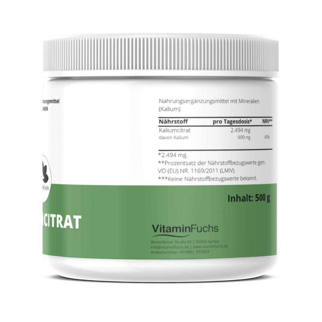 Kaliumcitrat Pulver – 500g – Hochreines Kalium Pulver ohne Zusätze – veganes Nahrungsergänzungsmittel – zur Unterstützung des normalen Blutdrucks & Muskelfunktion
