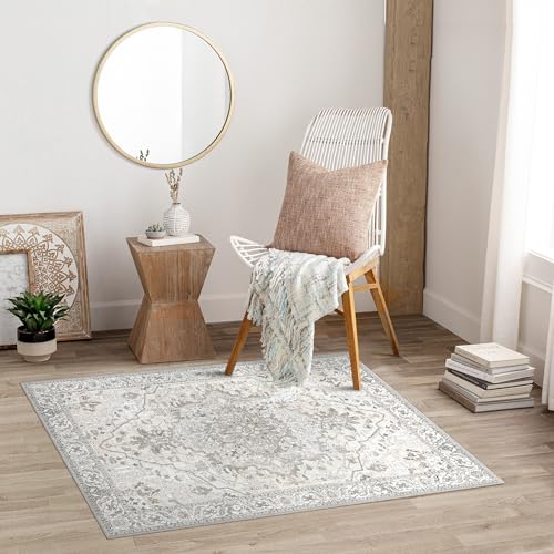 Deerly Vintage Area Rug 3x5 Small Entryway Rug Boho Thin Area Rugs for Living Room Non-Slip Lightweight Washable Rug for Kitchen Entryway Bedroom Dining Room Office, Beige/Multi